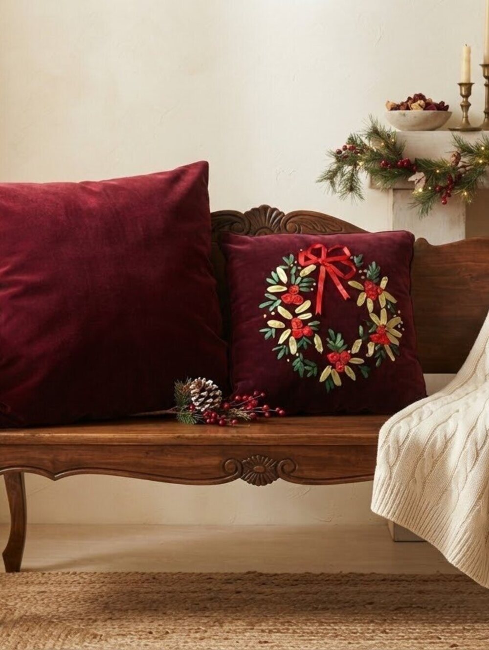 Burgundy Velvet Throw Pillows with Embroidered Wreath Ribbon
